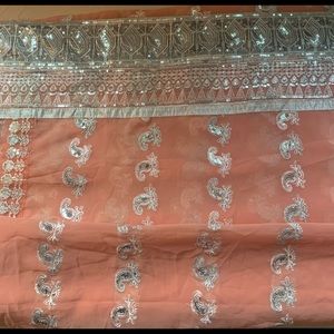 Peach and silver brand new chiffon georgette sari